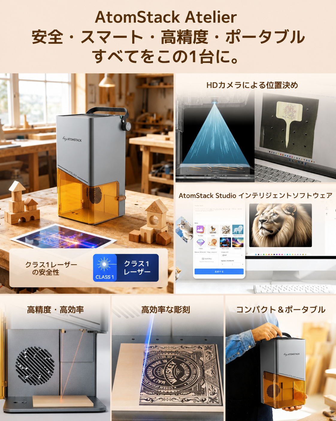 AtomStack Atelier AI搭載・カメラ内蔵ダイオードレーザー彫刻機